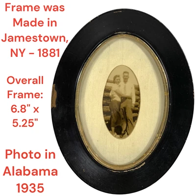 Marco de fotos antiguo 1881 ovalado marrón madera dorado vidrio tapete foto 1935 pareja 7x51/4 Foto 1 de 4