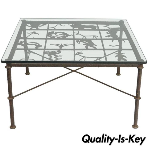 Metal and Glass Square Brutalist Coffee Table with Native American Glyph Figures Cover