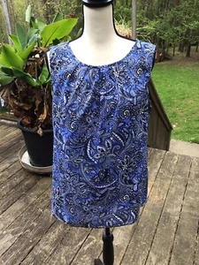talbots blouse size 14 Button Back Sleeveless Blue Black White Print - Picture 1 of 4