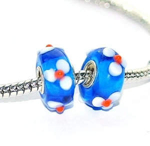 Pulsera Cuentas Cuentas Plateado Un Núcleo Vidrio Murano Azul Flor Blanca - Imagen 1 de 2