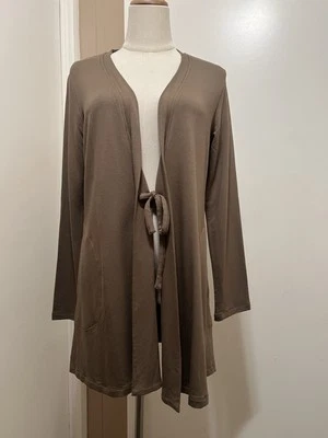 Cárdigan chaqueta marrón con bolsillos lino talla pequeña con lazo delantero Foto 1 de 4