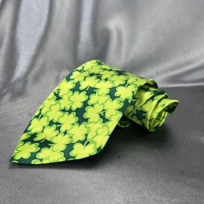 St. Patrick's Day Men's Tie Lime Green Shamrocks Print Necktie Tiny Clovers Gift - Image 1 of 4