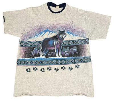 Vtg 90s Wolf Paw Prints T-Shirt 2-Sided All Over Wolves Aztec Pattern Logo Tee M - Image 1 of 4