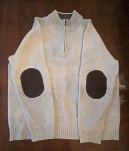 L.L. Bean Sweater Men's XL Beige 1/2 Zip Pullover Wool Elbow Patches Gray Specs - Picture 1 of 9