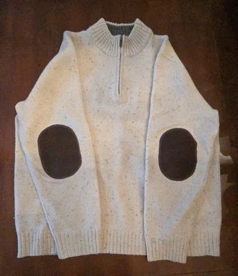 L.L. Bean Sweater Men's XL Beige 1/2 Zip Pullover Wool Elbow Patches Gray Specs - Image 1 of 4
