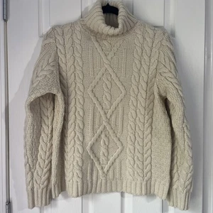 Maglione Aran Mor 100% lana merino girocollo maglia cavo grande panna Irlanda - Foto 1 di 16