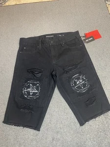 Pantaloncini denim neri artigianali skinny neri taglia 30 pentagramma invecchiati tema caldo nuovi con etichette - Foto 1 di 7