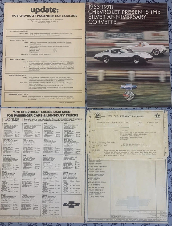 1978 CORVETTE SILVER ANNIVERSARY PROMO PACE CAR ORIGINAL WINDOW STICKER EPA SET Foto 1 de 4