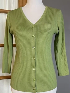 90s August Silk Women’s Cardigan Sweater Sz M/L Green Ribbed Button Up Classic - Picture 1 of 11