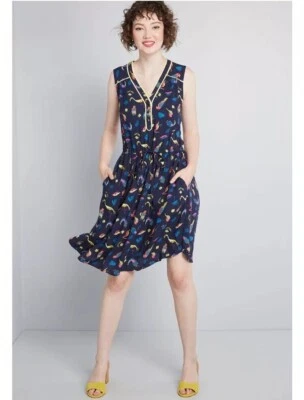 Nuevo Con Etiquetas ModCloth Café au Soliel Azul Marino Amarillo Tropical Vestido Camisa Playa Foto 1 de 4