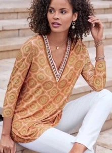 Soft Surroundings Lillia Beaded V-Neck Print 3/4 Sleeve Tunic Top Size Medium - Picture 1 of 9