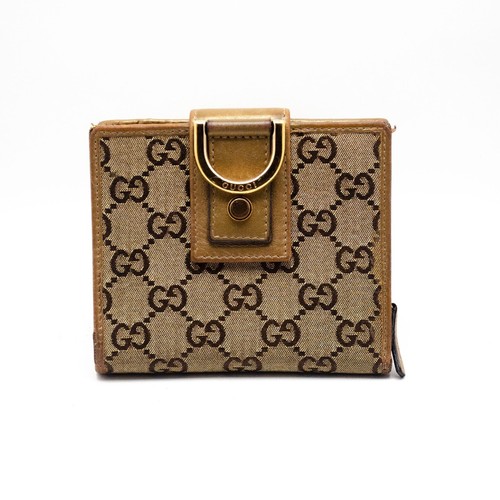 Portafoglio GUCCI Marrone Oro Cristallo Rivestito Tela Pelle Pieghevole D Portamonete