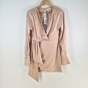 NEW Showpo dress womens 10 frezna fixed wrap long sleeve mini beige Vneck 110834 - Picture 1 of 11