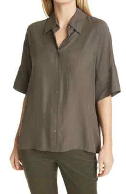 VINCE Silk Blend Utility Button-Up Short Sleeve Shirt in Tea Leaf Sz XS $295 - Image 1 of 4