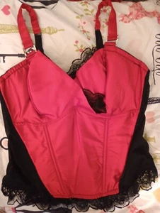 Cacique Sweetheart Bustier Corset Black Lace Red Lace Up Size 18 20. Valentine's - Picture 1 of 7