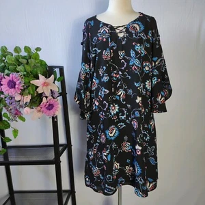 Table 8 Womens Size 8 Black Blue Floral Flared Cut Out Cold Shoulder Dress - Picture 1 of 9