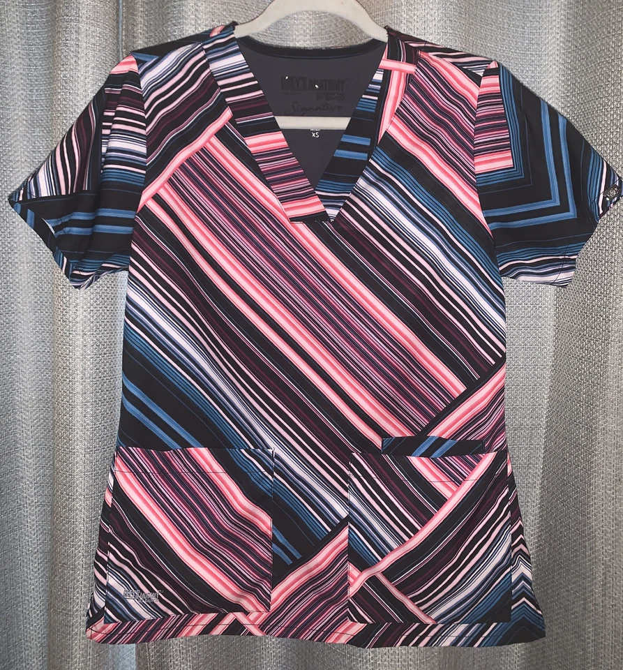 Women’s Grey’s Anatomy Barco Multi-colored Striped Scrub Top Size XS - Image 1 of 4