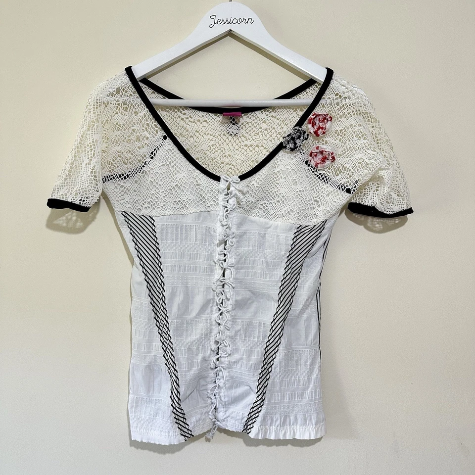 Save The Queen Size L Lace Mesh Milkmaid White Striped Short Sleeve Top Y2K - Image 1 of 4
