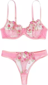 Women's Floral Embroidery Underwire Lingerie Set Mesh Bra and Panty Set Medium - Picture 1 of 5