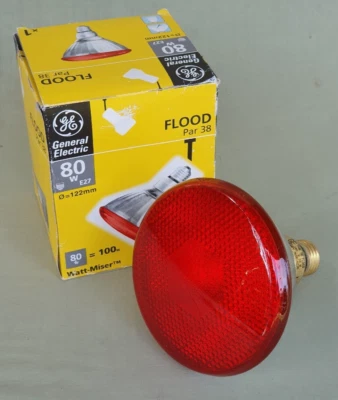 NOS GE Red Par 38 Flood 80 Watt E27 240V 122mm Coloured Disco Lamp Light Bulb - Image 1 of 4