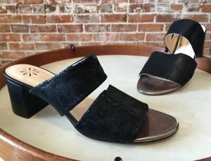 Isaac Mizrahi Black Leather Faith Double Strap Metallic Heel Sandal 11 Sale - Picture 1 of 5