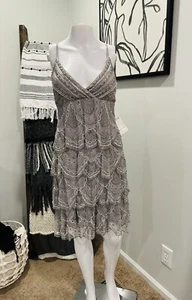 NUOVO abito Sue Wong Nocturne Gatsby grigio smerlato con perline flapper taglia 8 SETA $495 - Foto 1 di 13