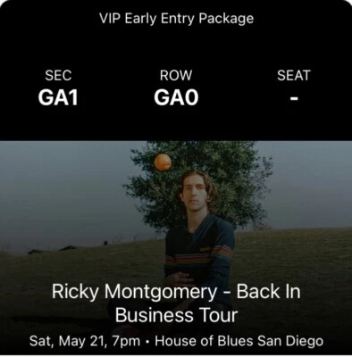 Ricky Montegomery (San Diego - House of Blues - May 21) VIP EARLY ENTRY PACKAGE - Image 1 of 2