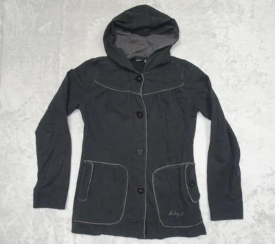 Chaqueta con Capucha Hurley Mujer Polar Negra con Tubería Gris Abrigo Abotonado Estilo Pequeño Foto 1 de 4