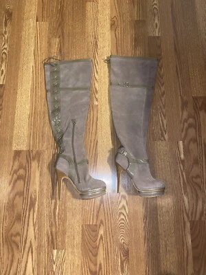 Colin Stuart Suede Harness otk Boots Lace-up Back Mauve Taupe Thigh High Sz 7.5B - Image 1 of 4