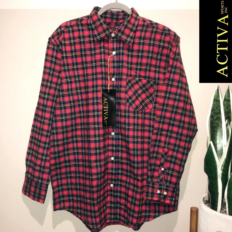 Men’s ACTIVA Red/Black/Blue/Wht Plaid Flannel Long Sleeve Button Down Size L