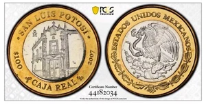 2007 MEXICO SILVER 100 PESOS SAN LUIS POTOSI CAJA REAL PCG MS 65 GOLD SHIELD - Picture 1 of 3