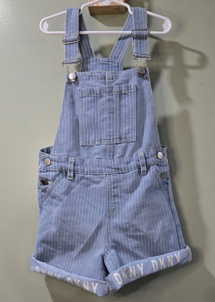 DKNY Girls Blue & White Striped Logo Overall Shorts Shortalls Size 8 - Image 1 of 4