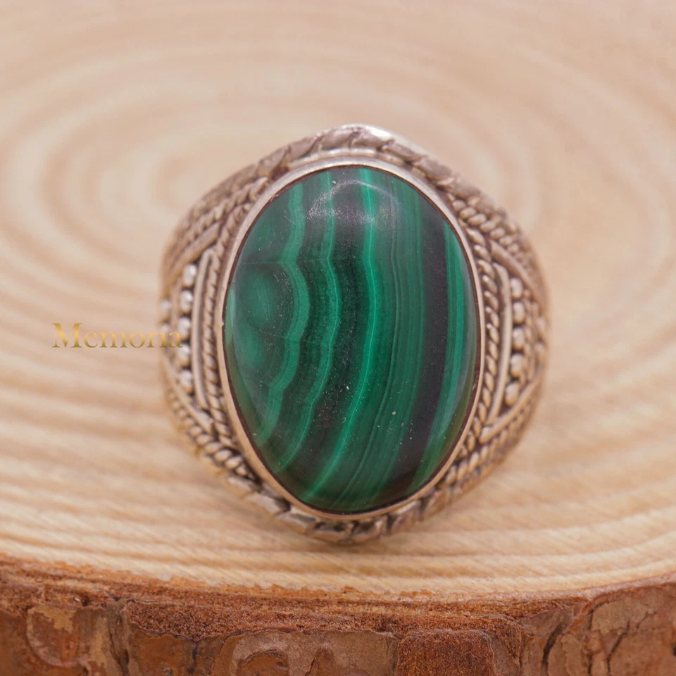 Anello Dichiarativo Ovale In Malachite 925 Argento Sterling Gioielli Regali - Immagine 1 di 1