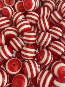 10 Pcs 20mm Red Striped Acrylic Beads, Bubblegum Beads, Chunky Beads