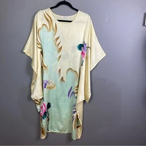 Vintage Kimono Dress Large SILK Cream Floral Pink Kaftan 70s feminine Dragon - Picture 1 of 16