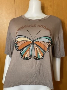 EMBRACE CHANGE QUOTE BUTTERFLY CROP T-SHIRT TOP LARGE - Picture 1 of 4