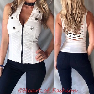 SEXY Dekolleté Reißverschluss vorne Knopf Verzierung Käfig Träger hinten tailliert Weste Club Top - Bild 1 von 4