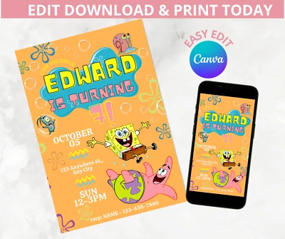 SpongeBob SquarePants Party Invitation, Spongebob party supplies, SpongeBob CARD - Image 1 of 4
