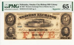 Nebraska, Omaha City 5 $ 1857 Rest PMG 65 EPQ Juwel Stempelglanz - ATEMBERAUBEND!!! - Bild 1 von 1