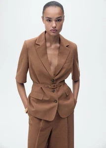 Mango-Mujer LINO-MEZCLA TRAJE BLAZER CON CINTURÓN-chocolate/talla M - Imagen 1 de 7
