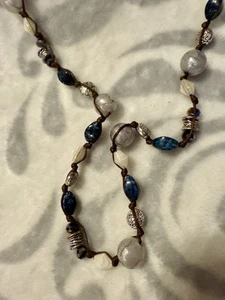Chambray Premier Designs Necklace Blue Tone, Antique Silver Brown Leather 18 In - Picture 1 of 4