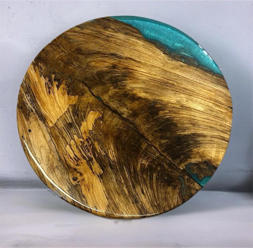 Handmade 18” Round Spalted Elm & Okinawa Blue Epoxy Side Table Top Only - Image 1 of 3