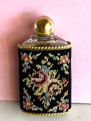 Botella de perfume vintage bordada dorada negra floral rosa Foto 1 de 4