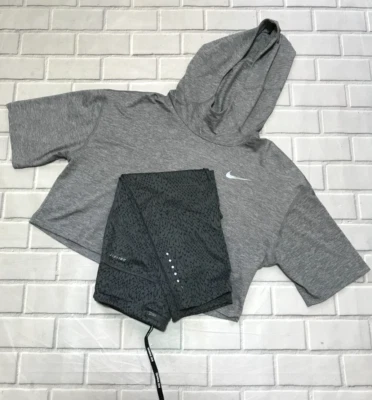 Lote de 2 leggings Nike com capuz cropped de corrida pequena e cropped cinza Dri-Fit - Imagem 1 de 4