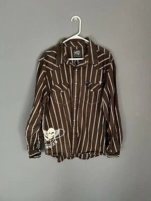 Southern Threads Shirt Mens XL Floral Western Skull Brown Pearl Snap Rockabilly - Image 1 of 4