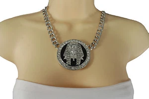 Women Fashion Necklace Silver Metal Chains Hip Hop Egyptian Pharaoh King Pendant - Picture 1 of 10