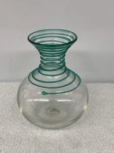 BLENKO GLASS CO #8318, HAND BLOWN VASE, CLEAR WITH SEA GREEN APPLIED SPIRAL - Picture 1 of 2