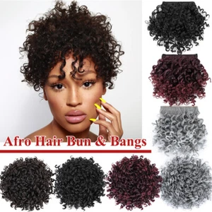 Afro Kinky Curly Drawstring Puff Bun Ponytail Updo Hair Synthetic Clip In Bangs - Picture 1 of 37