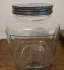Vintage Gallon Hoosier Glass Square Design Ribbed Jar Green Lid