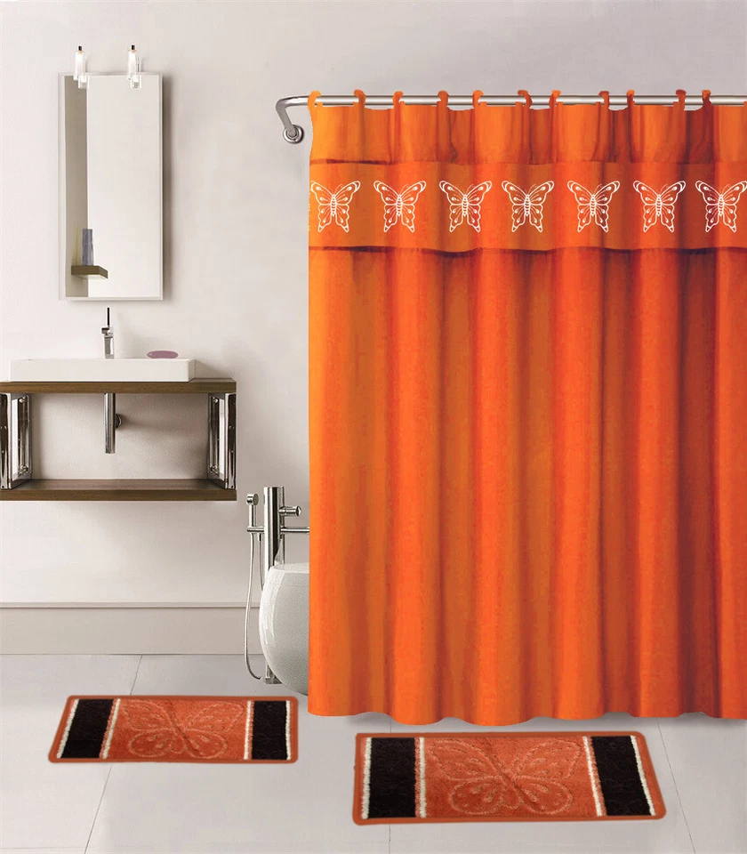 НАБОР ИЗ 4 ШТ КОВРИК ДЛЯ ВАННОЙ КОМНАТЫ КОВРИК ЗАНАВЕСКА ДЛЯ ДУША 2-ЦВЕТНЫЙ ЦВЕТ БАБОЧКА НАПЕЧАТАНО НОВЫЙ  - Изображение 1 из 2